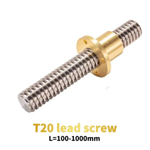 Rock Solid Trapezoidal T20 Stainless Steel Lead Screw With Snug Brass Nut 4Mm Pitch And 4Mm Lead Measuring 1000Mm Long, close-up view.