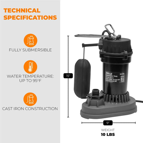 Beast Mode Half Horsepower Submersible Sump Pump With 3800 GPH Flow Aluminum Alloy Body Integrated Vertical Float Switch side view