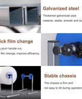 Close-up details of Floorstanding Bubble Wrap Roll Dispenser Heavy Duty Vertical Packaging Stand showing galvanized steel and quick film change mechanism.