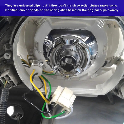 9 Pack Stainless Steel Bulb Retaining Spring Clips For Headlights Universal shown installed in headlamp, wiring visible