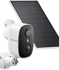 Rugged 2K Wireless Solar Security Camera For Outdoor Home Monitoring Powers Up With A Heavy Duty 5000mAh Battery mounted beside solar panel.