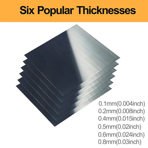 Stack of six blue-tempered spring steel shim sheets, front view, 6x6 in, polished finish, 0.1–0.8 mm thick