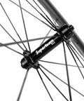 Close-up of hub and spokes on Kickass Tubeless Ready Carbon Fiber Wheelset For 700c Road Bikes Toray T700 Build UCI Approved EN Tested