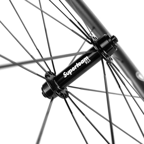 Close-up of hub and spokes on Kickass Tubeless Ready Carbon Fiber Wheelset For 700c Road Bikes Toray T700 Build UCI Approved EN Tested