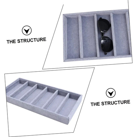 Straight Up Neat And Quick To Organize With This Six Grid Sunglasses Tray showing a grey fabric tray with sunglasses.