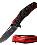 Three Skull Personalized Laser Engraved Pocket Knife With Free Engraving In Red A Dope Gift For Dad Groomsmen Or Graduation Featuring A Stainless Steel Two Point Nine Nine Inch Stonewashed Blade with red and black handle.