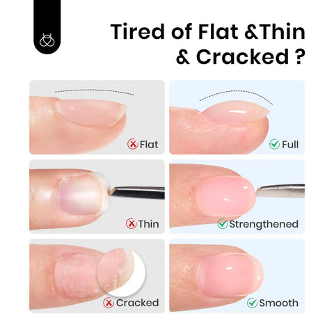 Comparison of flat, thin, cracked nails versus full, strengthened, smooth nails using Nude Builder Gel Set With Base Coat And Top Coat HEMA Free
