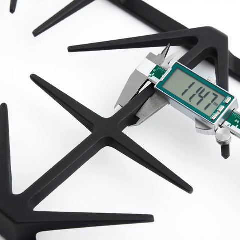 Caliper measuring the Beefed Up Heavy Duty Cast Iron Burner Grate Replacement For Gas Ranges Matte Enamel Finish 1 Pack.
