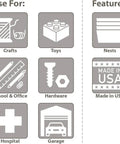 Graphic showing uses for Built Tough Plastic Shelf Bins For Garage Storage And Drawer Organization 12 Inch By 3 Inch By 4 Inch Blue 24 Pack Versatile Bins That Fit Shelves Cabinets And Racks, including crafts, toys, school, office, hardware, hospital, garage, and features like nesting and Made in USA