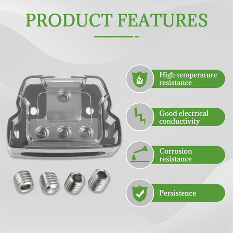 Three Way Car Audio Power Distribution Block For Amplifier Input Accepts 0, 2, And 4 AWG Wires Output Provides Three Posts For 4 And 8 AWG Wires Easy Install Nickel Plated Internals Resist Corrosion Heavy Duty Hub For Clean Power And Reduced Noise, 63x40x30 mm