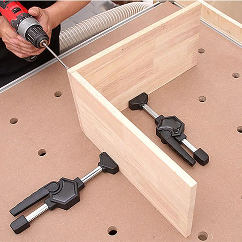 Beefy Heavy Duty Bench Clamp Set With Quick Release For 20mm Bench Dog Holes, 170lbs Grip, Adjustable Woodworking Clamp For Glueups, Assembly, And Planing Projects Plus Durable PA6 GF30 Construction And Rubber Pads securing plywood on workbench