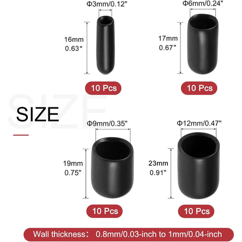 Heavy Duty Black Vinyl End Caps Assortment Kit With 40 Pieces For Multiple Sizes Including Quarter And Half Inch To Protect Furniture Legs And Metal Threads From Scratches While Keeping Your Home Projects Looking Fresh. size chart for black vinyl end caps, 10 pcs each, 3mm to 12mm