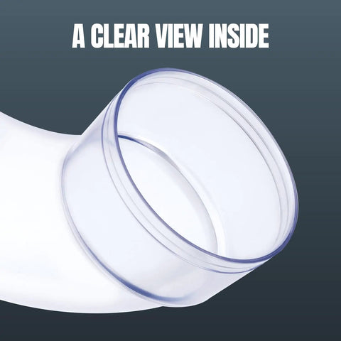 Close-up of a clear 4 Inch ID 90 Degree Dust Collection Elbow With Built In Coupler And Bonus Splice For 4 Inch ID Dust Hose Connector