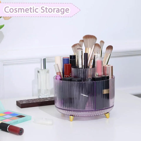 Rotating Pencil And Pen Holder With Five Slots, Space Saving Desk Organizer For School, Home And Office filled with cosmetics