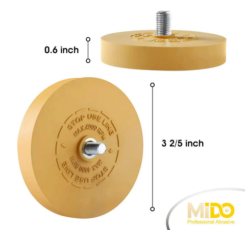 Pro Grade Abrasive Eraser Wheel For Car Decals And Adhesives, Drill Adapter Ready, dimensions shown, 1 Pack.