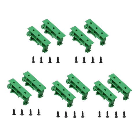 Knockout Slick 35mm Din Rail Mount Adapter Kit For Circuit Boards Loaded With Five Green C45 Plastic Brackets And Hardware, showing plastic brackets and screws.