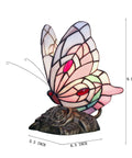 Tiffany Style Stained Glass Butterfly Table Lamp With Pink Butterfly Accent, dimensions shown, on antique bronze resin base.