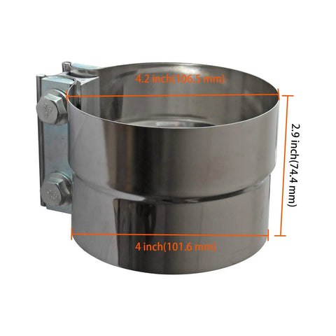 4 Inch Lap Joint Exhaust Band Clamp Set Easy Install Stainless Steel 304 With Zinc Plating side view dimensions visible