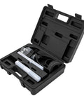 Built Like A Tank Mortising Attachment For Drill Press With Four Piece Chisel Set in a black case, showcasing parts for woodworking.