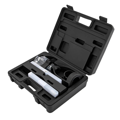 Built Like A Tank Mortising Attachment For Drill Press With Four Piece Chisel Set in a black case, showcasing parts for woodworking.
