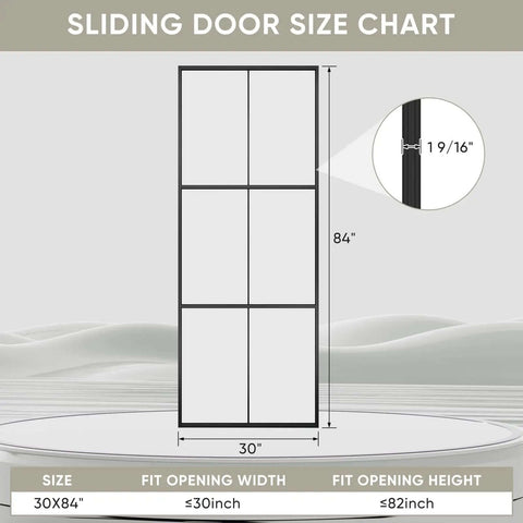 Three Panel Glass Sliding Barn Door 30x84 Inches size chart, black aluminum frame, clear tempered glass, modern French style.
