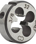 Close-up of 3/8-32 UNEF round die from the 3/8-32 UNEF HSS Tap And Die Set For Metalworking Pro Grade Thread Repair Kit.
