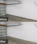 Before and after installation of self-adhesive 4 inch vinyl wall base molding peel and stick 20 feet white cove base in garage.
