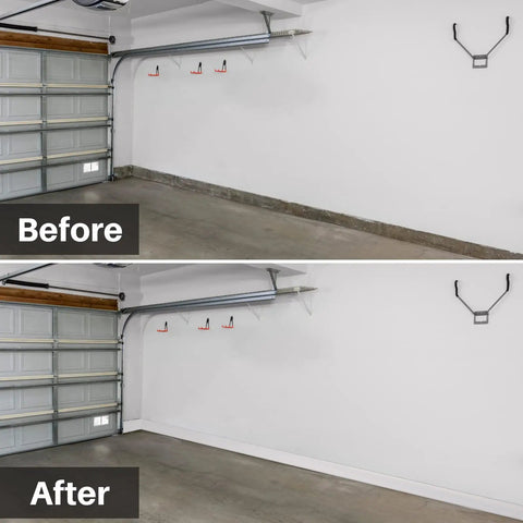 Before and after installation of self-adhesive 4 inch vinyl wall base molding peel and stick 20 feet white cove base in garage.