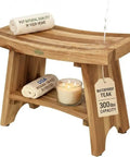 24 Inch Teak Shower Bench With Storage Shelf Waterproof Bathroom Seat For Adults And Seniors Spa Style Teak Wood Stool With Non Slip Feet Elegant Finish Supports Up To 300 Pounds showing bench with candles and towels