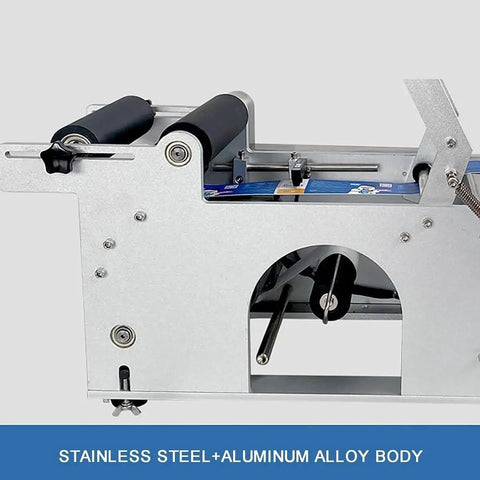 No Sweat Semi Auto Round Bottle Labeler With Inline Date Coder For Plastic Jars Cosmetic Tubs And Glass Jug Shakers showing stainless steel and aluminum body.