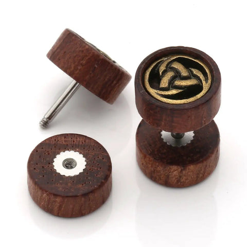 Three Pairs Organic Sono Wood Fake Ear Plugs Cheater Gauges 10Mm Illusion Screw Stud Earrings With Lion Head Tree Of Life Odin Horn Design