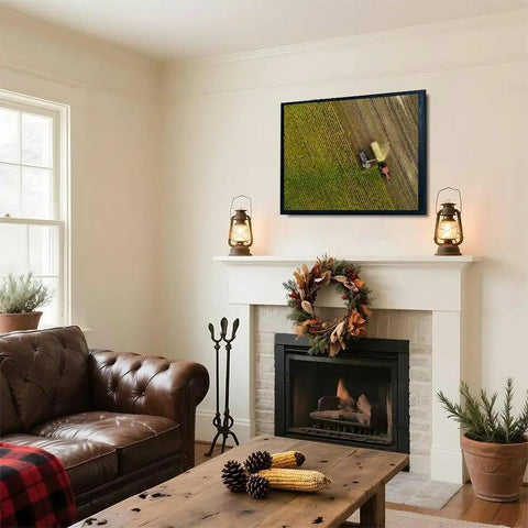 Golden Harvest Scene Canvas Wall Art 12x16 Black Framed Print on living room wall above fireplace