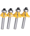 Get The Best Router Bit Set For Your Woodworking Projects With This 4 Piece Round Over Flush Trim Tool Kit Featuring Carbon Steel 1/4 Inch Shank Bits. 4 router bits with yellow plastic and steel for trimming.