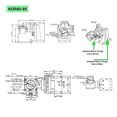 Rock Solid Heavy Duty 5 Axis Electric Hollow Rotary Indexing Table With DD Motor Drive For Robotic Arm Builds Offering Knockout Precision And Ultra Smooth 360 Degree Servo Turntable Action dimensions and motor details diagram.