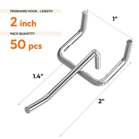 50 Pack 2 Inch Metal Pegboard Hooks Kit For One Eighth And One Quarter Inch Pegboard, heavy duty stainless steel hooks