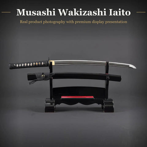Dope Unsharpened Stainless Steel Iaido Training Sword For Safe Practice 21 Inch Wakizashi Blade With Fuller Groove on stand