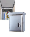 Stainless Steel Electrical Distribution Chest Weatherproof Enclosure For Home And Industrial Monitoring Control Panels With Customizable Size And Layout, shown closed with interior view.