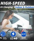 Woman using Plug And Play Smart Level 2 EV Charger 40 Amp WiFi Wall Mount at electric vehicle charging port outdoors.