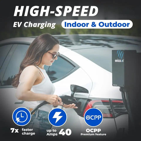 Woman using Plug And Play Smart Level 2 EV Charger 40 Amp WiFi Wall Mount at electric vehicle charging port outdoors.