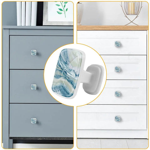 4 Pack Sharp Square Cabinet Knobs 1 2 Inch Blue Green Marble Swirl ABS Cabochon Glass Drawer Pulls for kitchen island and dresser.