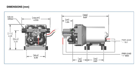 Dimensions diagram of 12V RV Fresh Water Diaphragm Pump With 2.3 GPM Flow 50 PSI Auto Shutoff Self Priming Run Dry Safe 6 Ft Long Hose