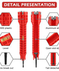 14 In 1 Multi Functional Plumbing Wrench For Faucet And Sink Installations With Anti Slip Grip And Extra Long Reach For Tight Spaces Strainer Nut Guide Red Handle Built To Last, showing ABS plastic red handle with aluminum alloy components.