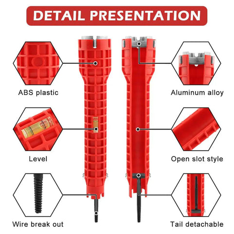 14 In 1 Multi Functional Plumbing Wrench For Faucet And Sink Installations With Anti Slip Grip And Extra Long Reach For Tight Spaces Strainer Nut Guide Red Handle Built To Last, showing ABS plastic red handle with aluminum alloy components.