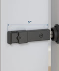 Sliding Barn Door Privacy Lock With Emergency Release Matte Black Finish 5 Inch Latch shown on door, prevents door from opening.