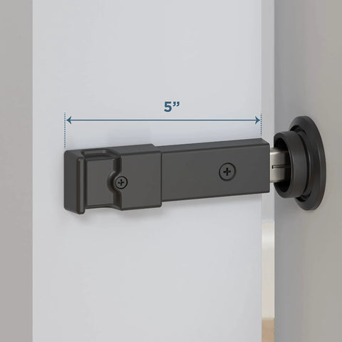 Sliding Barn Door Privacy Lock With Emergency Release Matte Black Finish 5 Inch Latch shown on door, prevents door from opening.