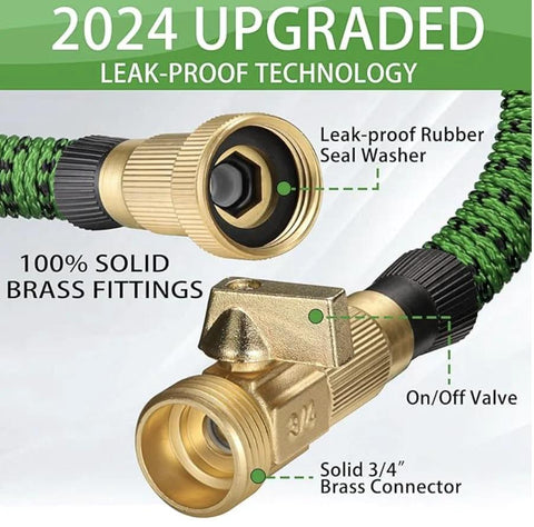 Close-up of solid brass 3/4-inch garden hose connector with on/off valve and leak-proof washer