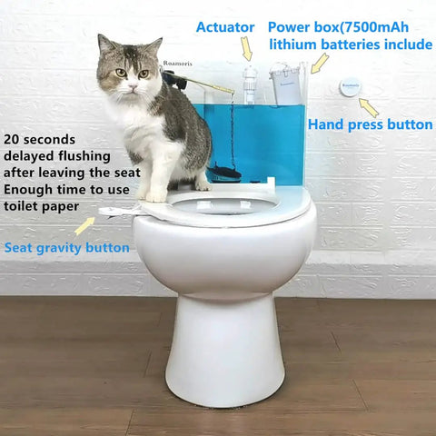 Automatic Toilet Flusher With Half And Full Flush Modes, Water-Saving Valve, cat on toilet showing power box and hand press button.