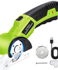 Heavy Duty Cordless Electric Scissors 4v Rechargeable Rotary Cutter With Self Sharpening Blades For Cardboard Fabric Leather Plastic Carpet Cutting Multipurpose Tool LED Safety Lock showcasing a green ergonomic handle and accessories.