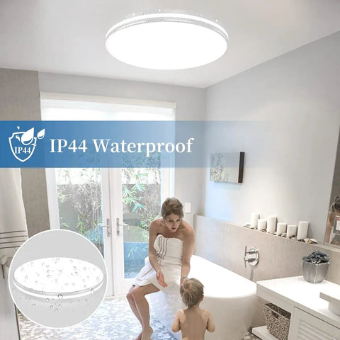 LED Flush Mount Ceiling Light 10.3 Inch 20W 5000K Daylight IP44 Waterproof Ceiling Fixture in a modern bathroom setting.