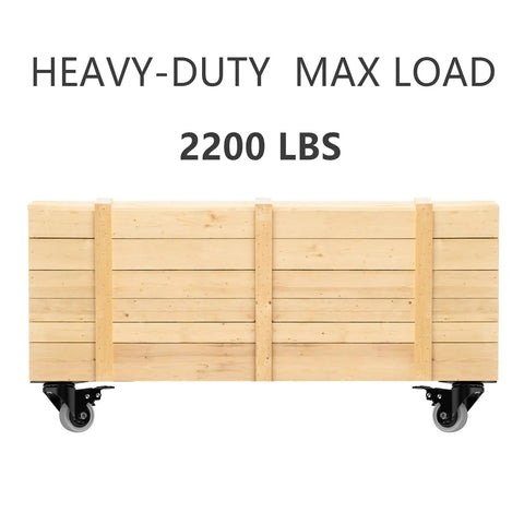 Heavy Duty 2 Inch Caster Wheels Set Of 4 Built Tough With Zero Noise Pu Tread And Dual Locking Brakes Rock Solid Steel Body Smooth Rolling Ball Bearing Platform Casters For Furniture Grey on a wooden cart with a 2200 lbs max load.